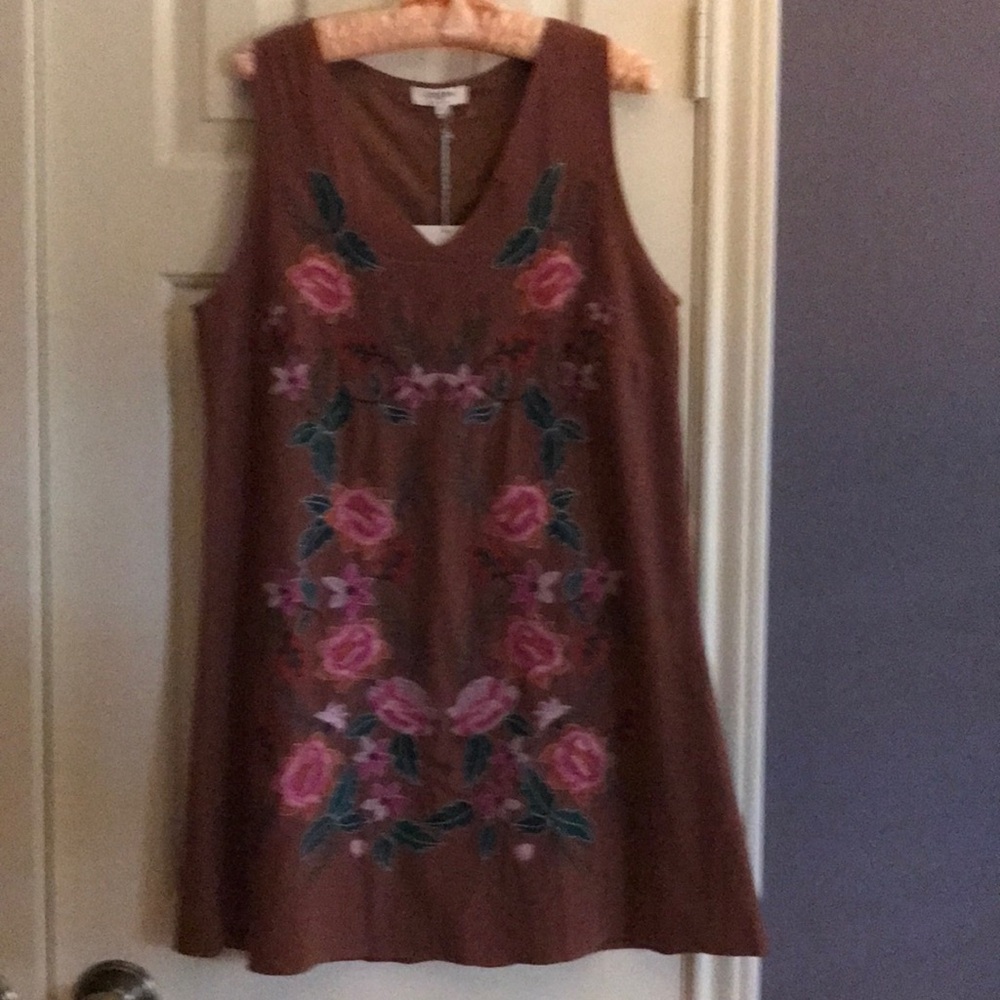 Umgee Brown Sleeveless Floral Embroidered A-Line Dress